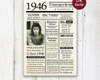 Personalized 70th birthday poster - Custom 70th Birthday Gift for husband wife - What happened 1946 in UK - DIGITAL FILE!