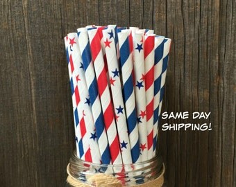 100 Red and Blue Stripe and Star Paper Straws- Patriotic, 4th of July, Cookout Supply