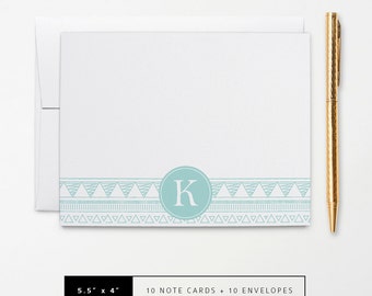 Flat or Folded Note Cards // Set of 10 // Teal Aztec Doodle with Monogram Initial // Personalized Stationery // S109