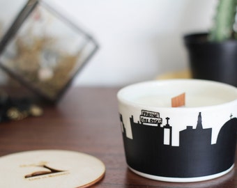 Soya candle Montreal skyline bowl peach passion flower collaboration handmade ceramic mount royal olympique stadium expo 67