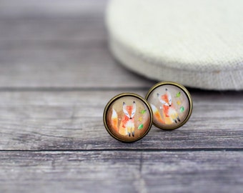 Fox Earrings, Red Fox Earrings, Fox Studs, Orange Fox, Cute Fox, Fox Jewelry, Fox, Watercolor Fox, Beige Earrings, Forest Animals, Wildlife