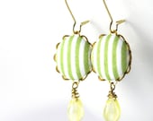 Dangle Earrings - Spring Stripes - Green and White Fabric Covered Buttons Earrings, Yellow Czech Glass Beads, Romantic Wedding Bride Jewelry