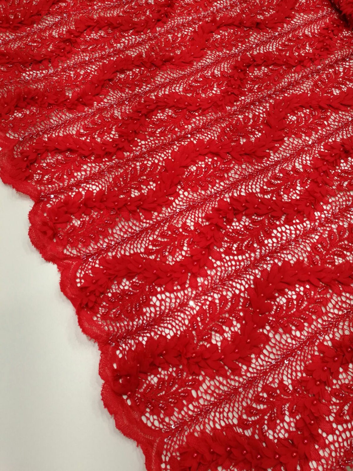 Red lace fabric beaded luxury 3D lace fabric hand beaded