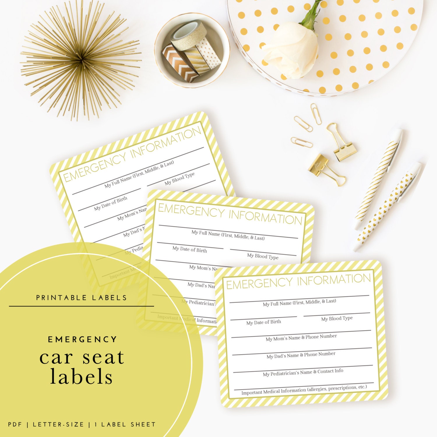 Printable Car Seat Emergency Labels for Baby Infant Toddler