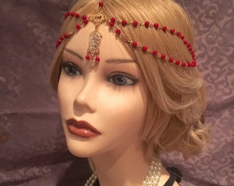 1920's RED Beaded Flapper Headpiece Head Chain Rhinestone Gatsby Costume Gold Tassel Adjustable 20's Motif Vintage Headband