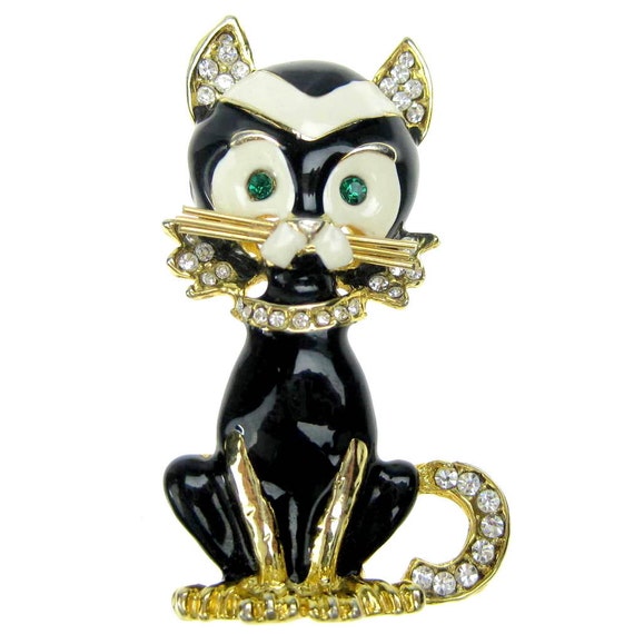 Cat Brooch Pin Black and White Enamel with Rhinestones