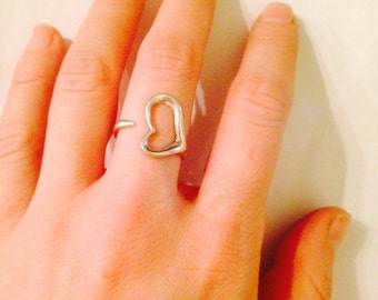 Vintage Sterling Silver Heart Open Ring - Adjustable Size