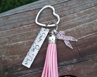 Hand Stamped God's Got This Breast Cancer awareness Pink Tassel Ribbon Bling Keychain - Handstamped Survivor Personalized handmade Crystal