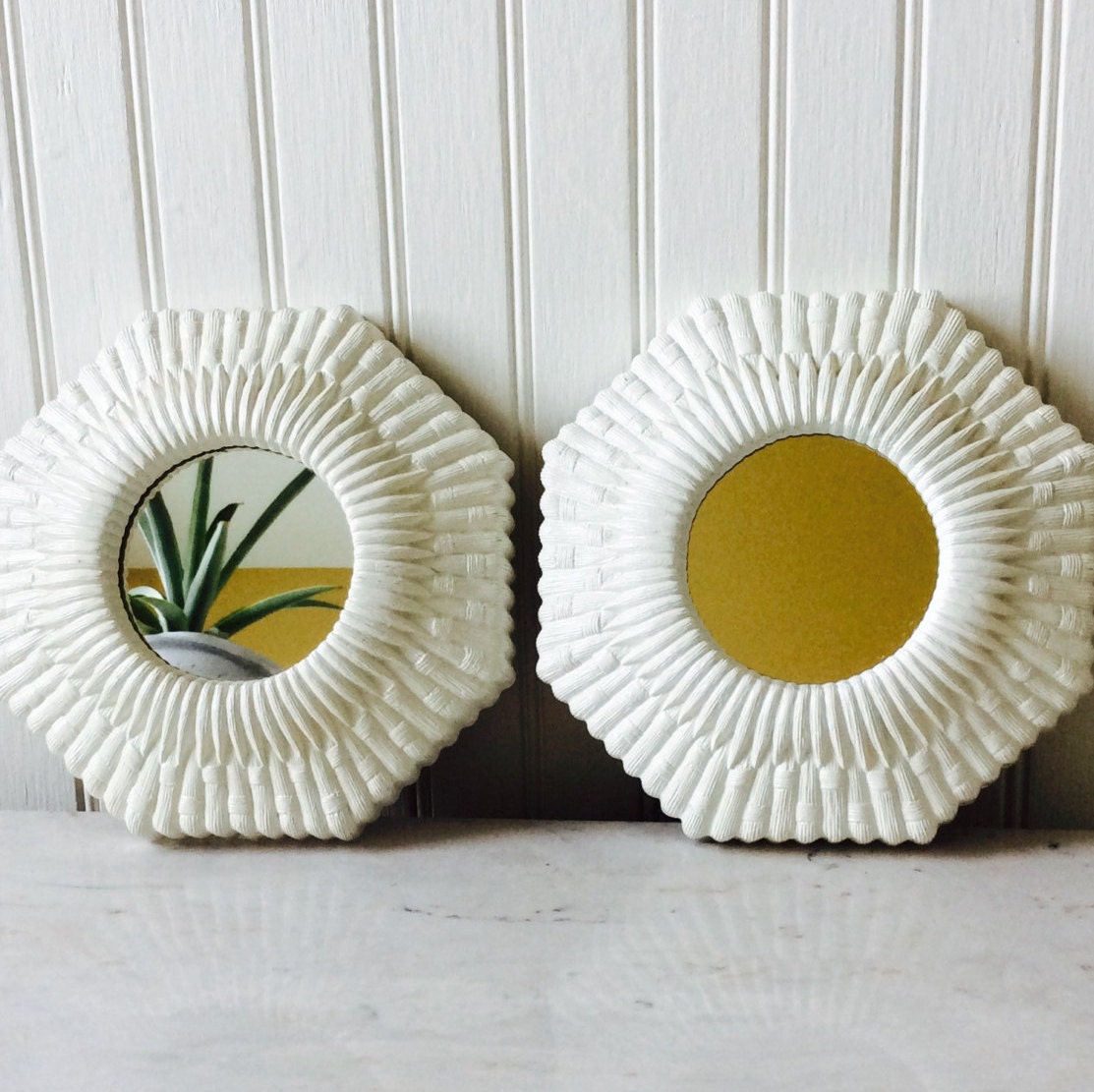 Vintage White Faux Wicker Octagonal Mirrors Set of 2 Homco