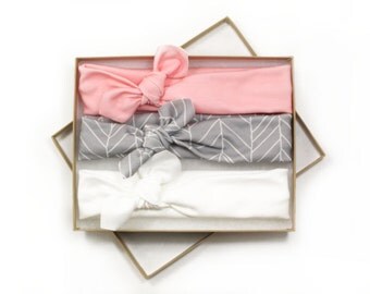 Baby Turban Headband/ Knotted Head Wrap/ Pink Gray White Headband/ Baby Shower Gift/ Modern Headband Set