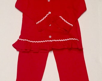 Girls personalized Christmas pajamas, girls red monogrammed Christmas, youth knit lounge set, red lounge set with monogram, Christmas nightg