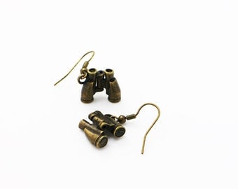 Binoculars Dangling Earrings, Binoculars Necklace, Antique Bronze Charm, Jewelries Set, Bronze, 3D Pendant, Miniature, Hipster, Unisex, Men