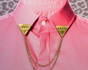 TOUGH FEMME collar chains, with hand-stamped brass triangles