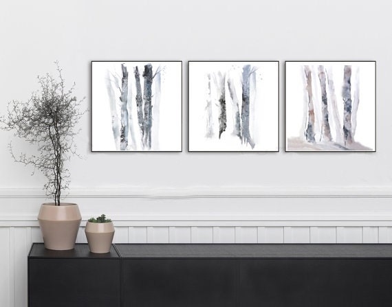 Print Set of Three Square Prints 3 Piece Wall Art Birch Tree