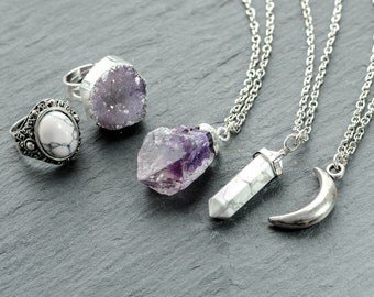 Amethyst Healing Crystal Cluster Necklace- Boho Vintage Silver Gold Dipped Quartz Nugget Jewelry -Druzy Jewellery- Semi Precious Stone