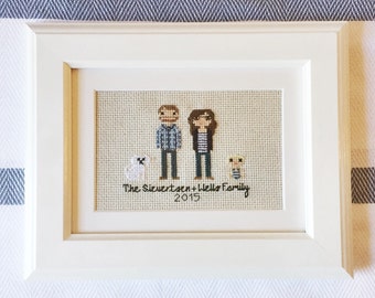 Custom Cross Stitch Family Portrait 4 Characters Personalized Portrait Unique Cotton Anniversary Gift Pixel Art Wall Decor Fiber Art