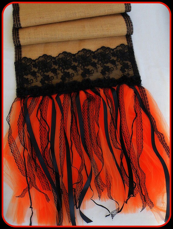 Black and Orange Burlap Table runner Black lace table runner