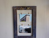Rustic Clip Frame-Two 4"x6" Or Smaller Photos-UpCycled Repurposed Wood Frame-Navy Blue and Brown-Adorned Ornate Vintage Drawer Handle Rustic Clip Frame-Two 4"x6" Or Smaller Photos-UpCycled Repurposed Wood Frame-Navy Blue and Brown-Adorned Ornate Vintage Drawer Handle
