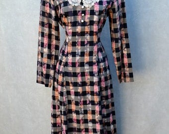 Long Sleeve Checker and Floral Dress with Lace Peter Pan Collar.