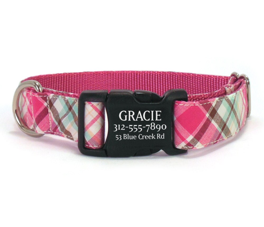 Personalized Dog Collar in a Pink Plaid with Laser Engraved