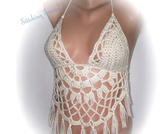 Custom Crochet Halter Festival Top Made to order Size Music Festival Wear Midriff Yoga, Hooping, Rave Top, Burning Man