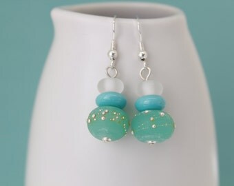 Earrings, Sea Green Earrings – Glass Lampwork Earrings, Sterling Silver, Blue Glass Beads, One Of A Kind, Sterling Silver Earrings