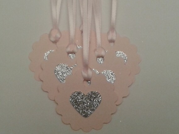 Items similar to Pink and Gold Heart Tags with Light Pink Ribbon. Favor or gift tags, For