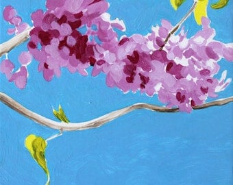 Redbud Original Botanical Painting Acrylic on Board 4"x4"