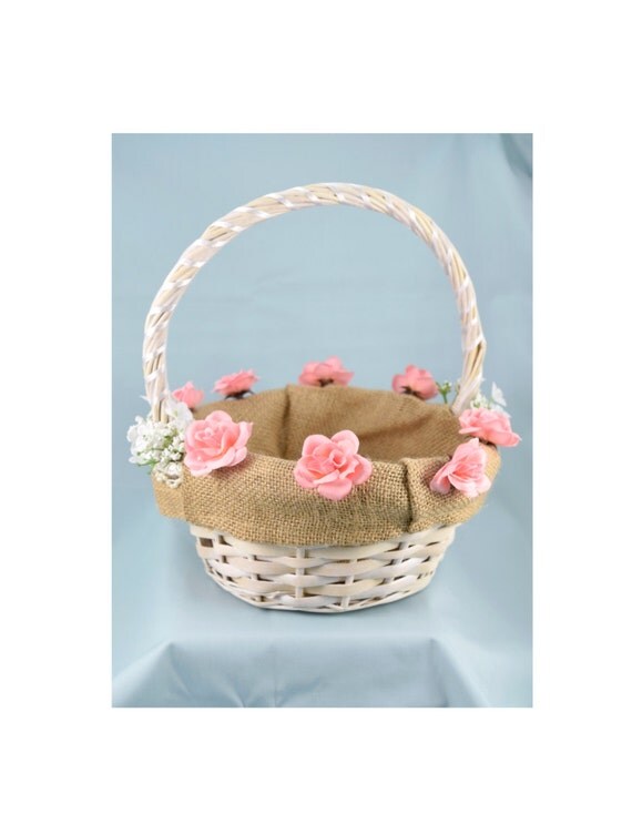 White Wicker Flower Girl Basket White or Pink Roses and