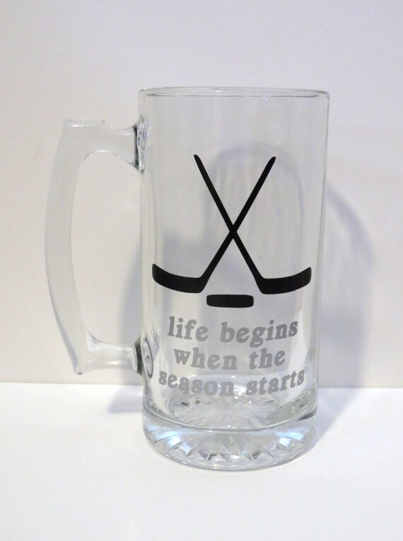 Custom Beer Glass Hockey Season Puck Life Begins by KCLaneDesigns