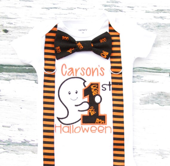 Baby Boy First Halloween Boo onesie with suspender and Boo bow