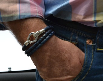 triple wrap braided bracelet, men blue leather bracelet, thick braided leather, gift for boyfriend, men, father, groomsmen, mens jewelry