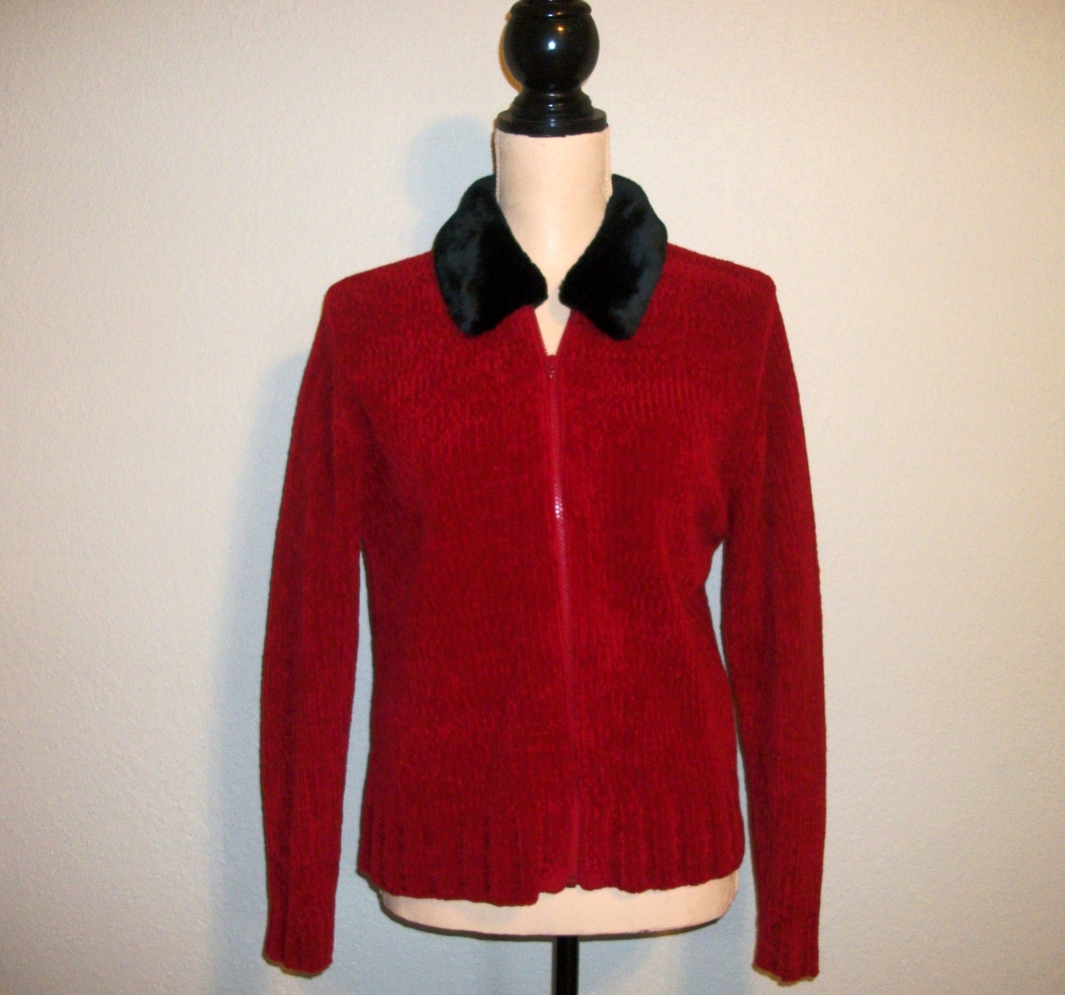 Red Cardigan Sweater Faux Fur Collar Sweater Christmas Sweater