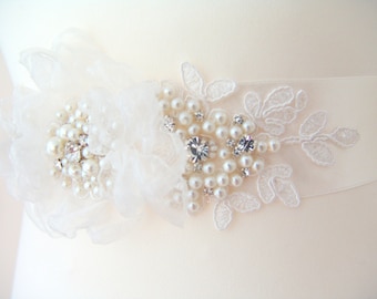Bridal ivory sash, floral sash, flowers sash wedding floral rhinestone sash, ivory flower romantic wedding accessories lace