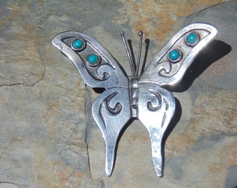 Vintage Mexican Sterling Silver Butterfly Pin with Blue Cabs