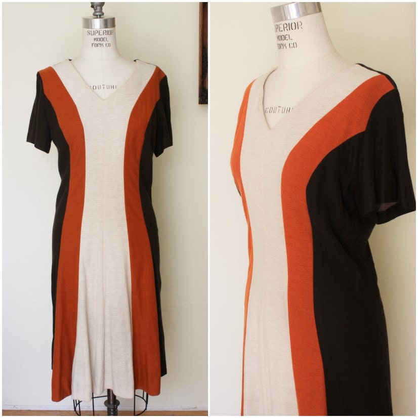 Vintage 1960s Striped Knit Dress / 60s Brown Fall Dress / Mod