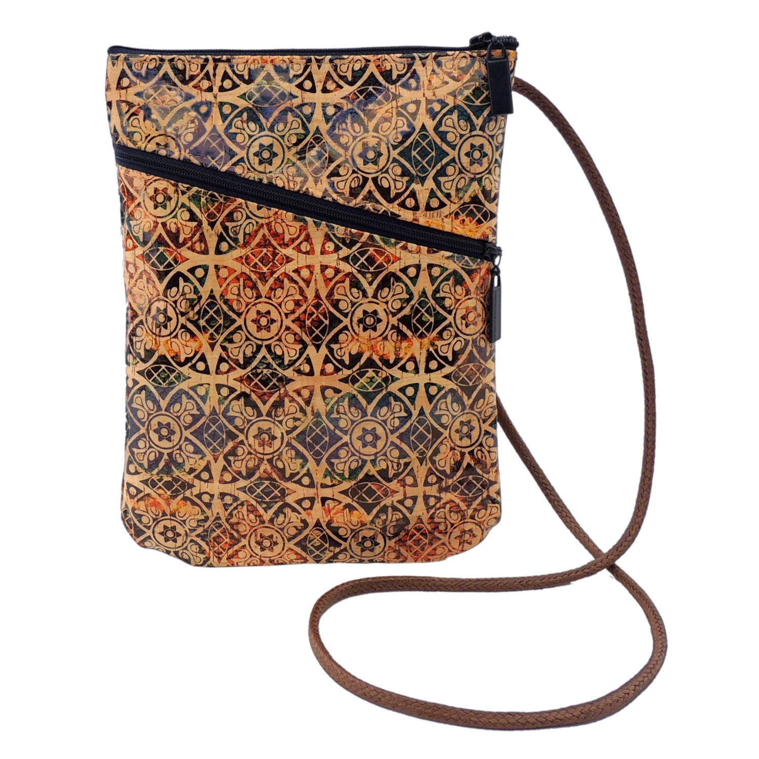 Printed Cork Crossbody Purse Zipped Hands Free Vegan Bag in