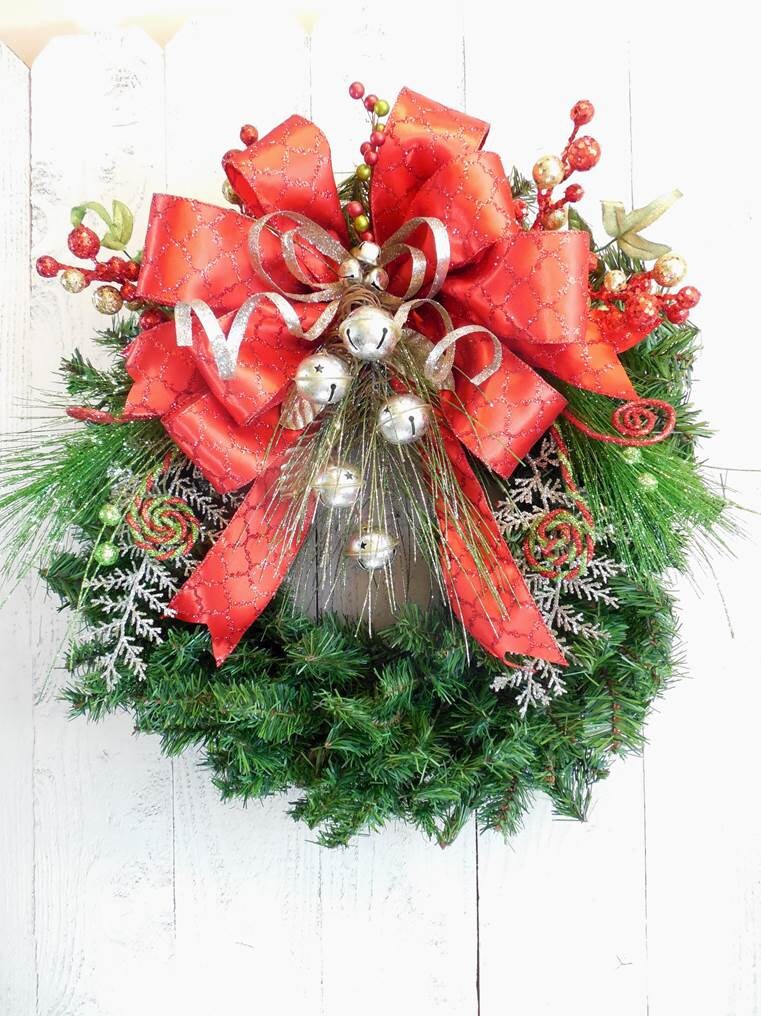 Christmas Holiday wreath Silver bells Bell wreath Red and