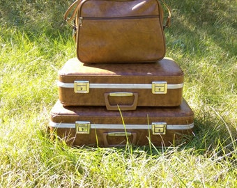 Suitcase set Luggage set Travel Vintage suitcase Vintage luggage Brown suitcase Travel set Travel bags retro luggage Luggage trio baggage