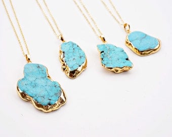 Turquoise and Gold Stone Pendant Agate Druzy Slice Necklace
