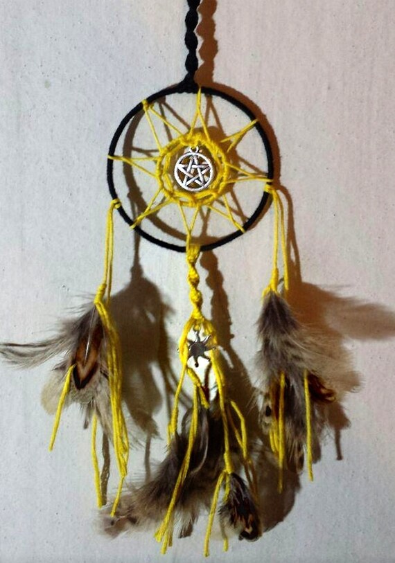 Small sun dream catcher yellow and black with pentacle wiccan