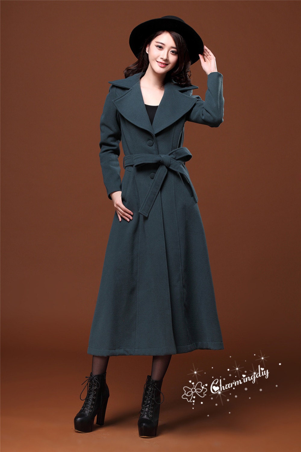 7 Colors Women Clothing Long Fall Dark Green Wool Coat Bodycon