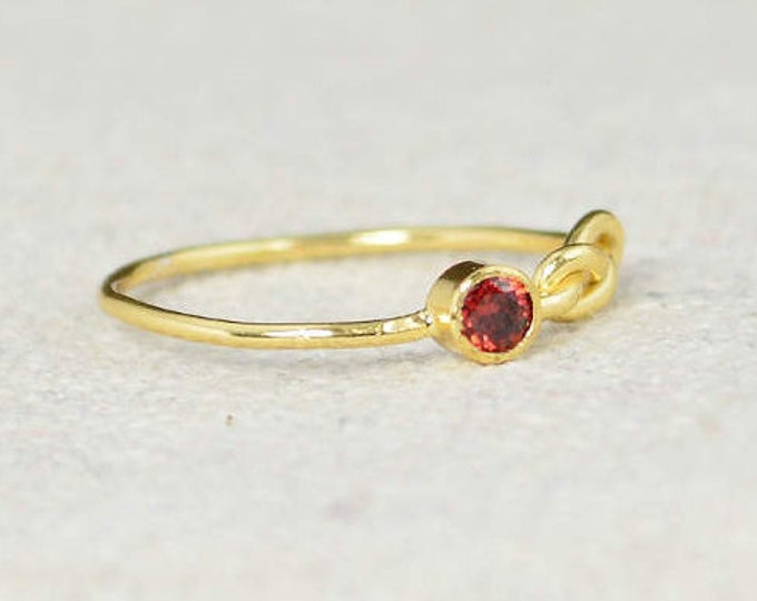 Gold Garnet Infinity Ring, Gold Filled Ring, Stackable Rings, Mother's Ring, January Birthstone Ring, Gold Infinity Ring, Gold Knot Ring
