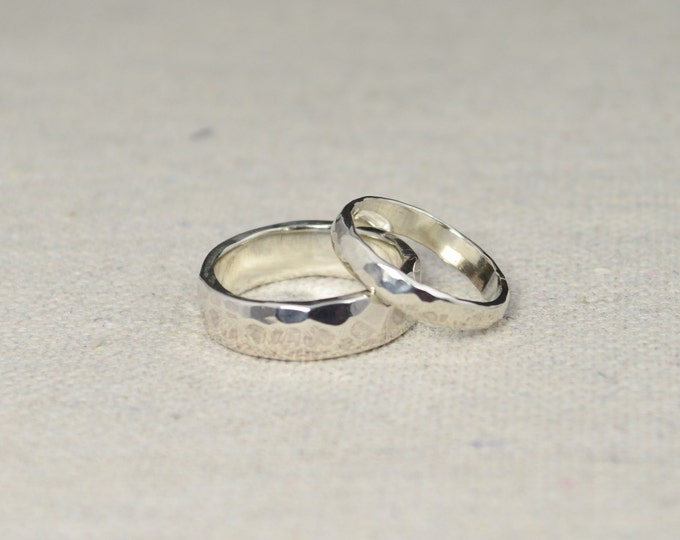 Hammered Silver Wedding Bands, Rustic Wedding Rings, Wedding Ring Set, Sterling Silver, Inside Ring Engraving Included, Inexpensive Bands