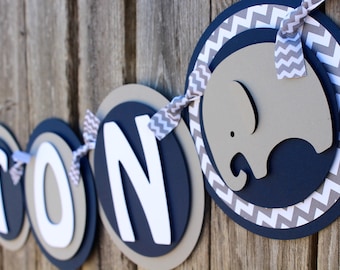 Elephant Baby Shower Banner in Navy and Gray Chevron - Chevron Baby Shower - It's a Boy Banner or Name Banner
