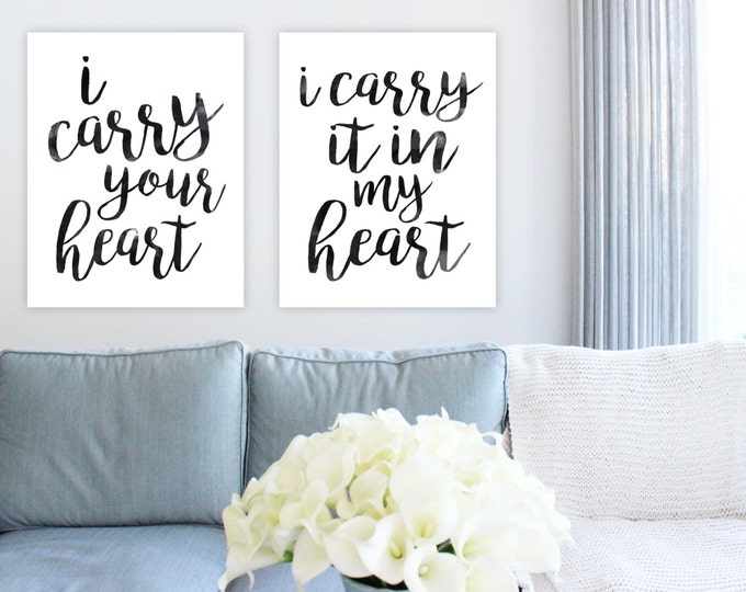 Watercolor I Carry Your Heart With Me - EE Cummings Art Prints - Love Poem - Above Bed Art