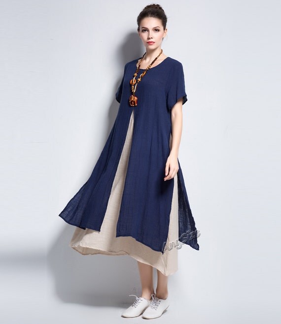Anysize fake two piece slit design linen & cotton dress by AnySize