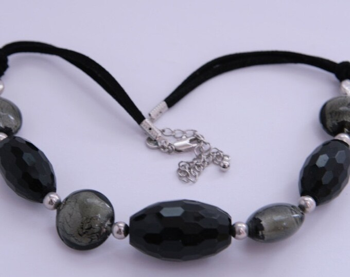 Black Beaded Necklace Large Bib Necklace Venetian Glass Black Silver Designer M&S Marks Spenser Vintage Fashion Necklace Cheap Jewellery