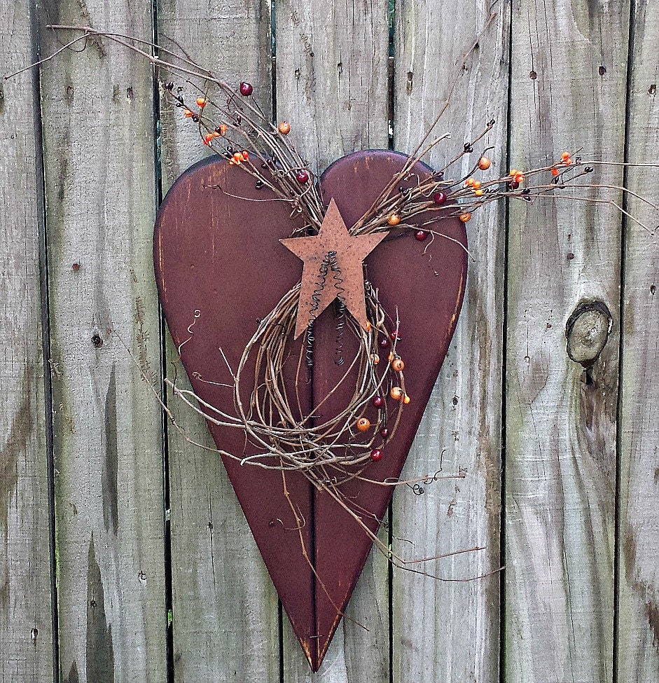 Large Primitive Autumn Fall Heart with Grapevine Berries and