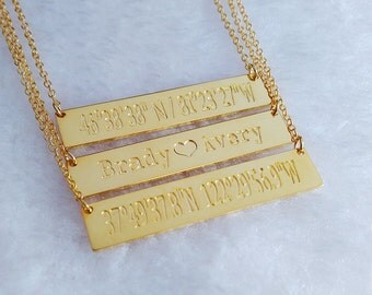 Coordinates Necklace,Latitude Longitude Necklace,Sterling Silver Horizontal Bar Necklace,Engraved Bar Necklace,latitude longitude jewelry